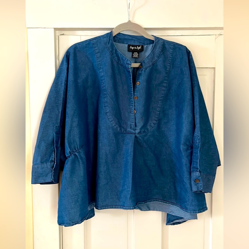 Denim blue color dolman style 3/4 length sleeves shirt